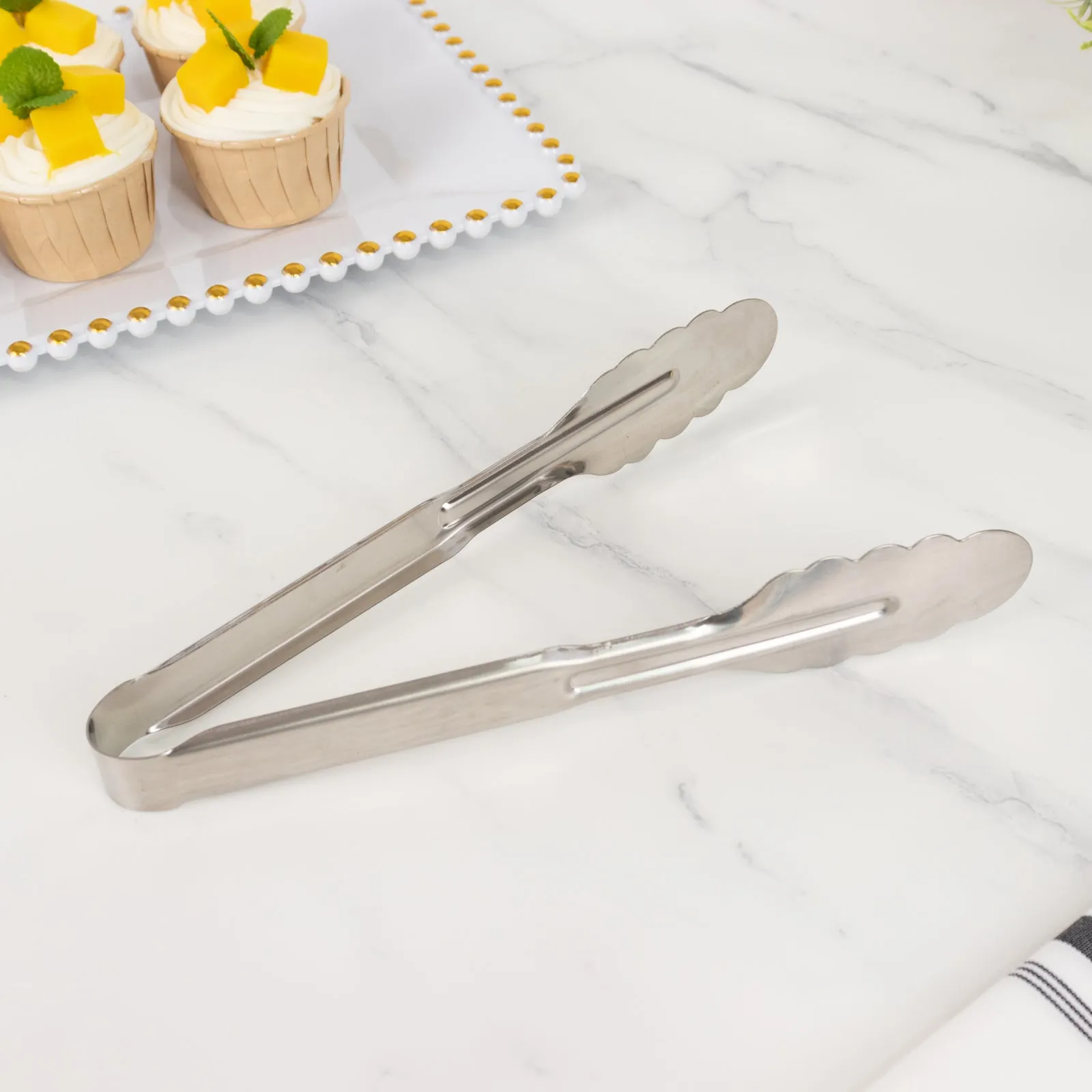 10 Pack Silver Metal Serving Tongs with Scalloped Edge, Non Slip Easy Grip Stainless Steel Kitchen Tongs - 9.5"