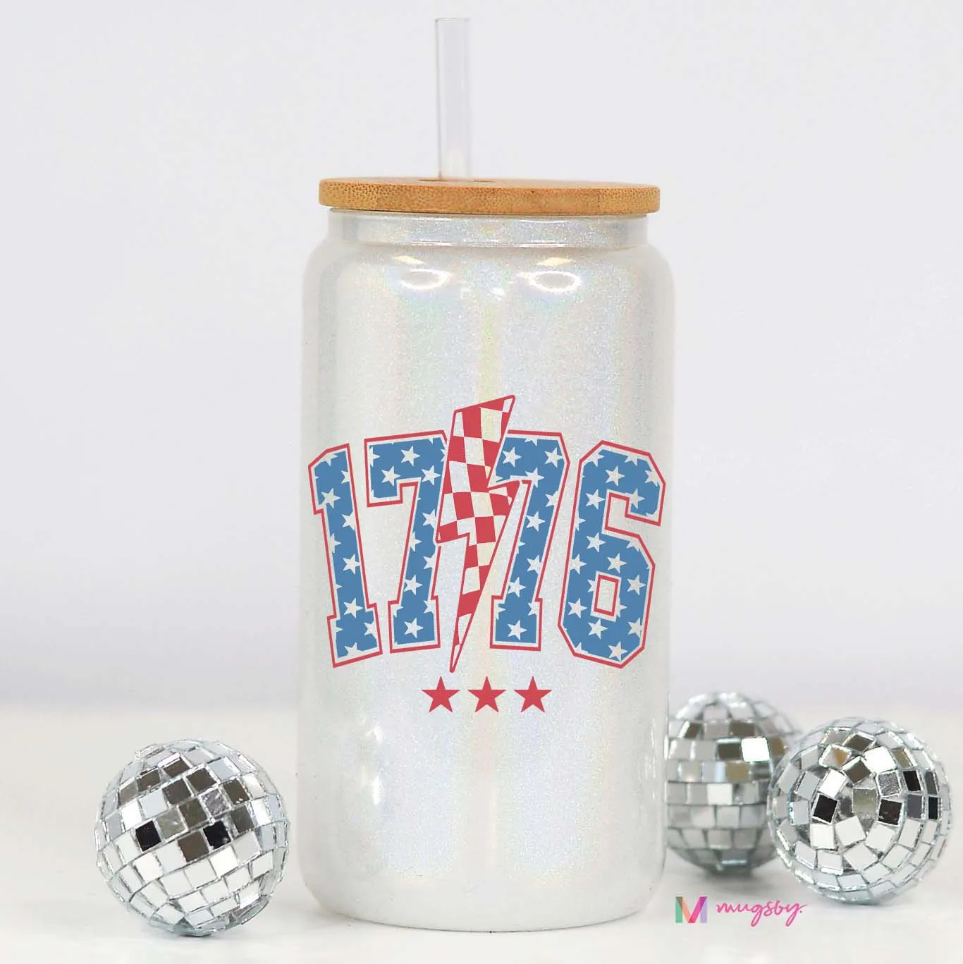 1776 White Glitter Glass Cup