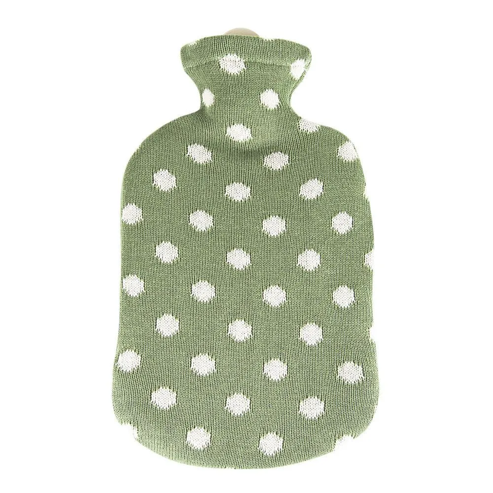 2 Litre Sanger Hot Water Bottle with Knitted Green Polka Dot Cotton Cover