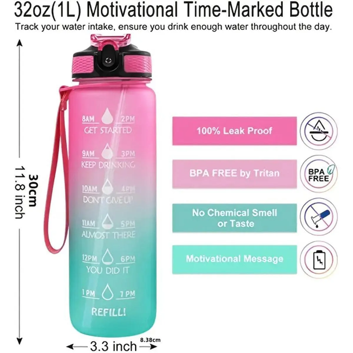 32 oz Sports Water Bottle with Straw Time Marker Quote Leakproof BPA Free