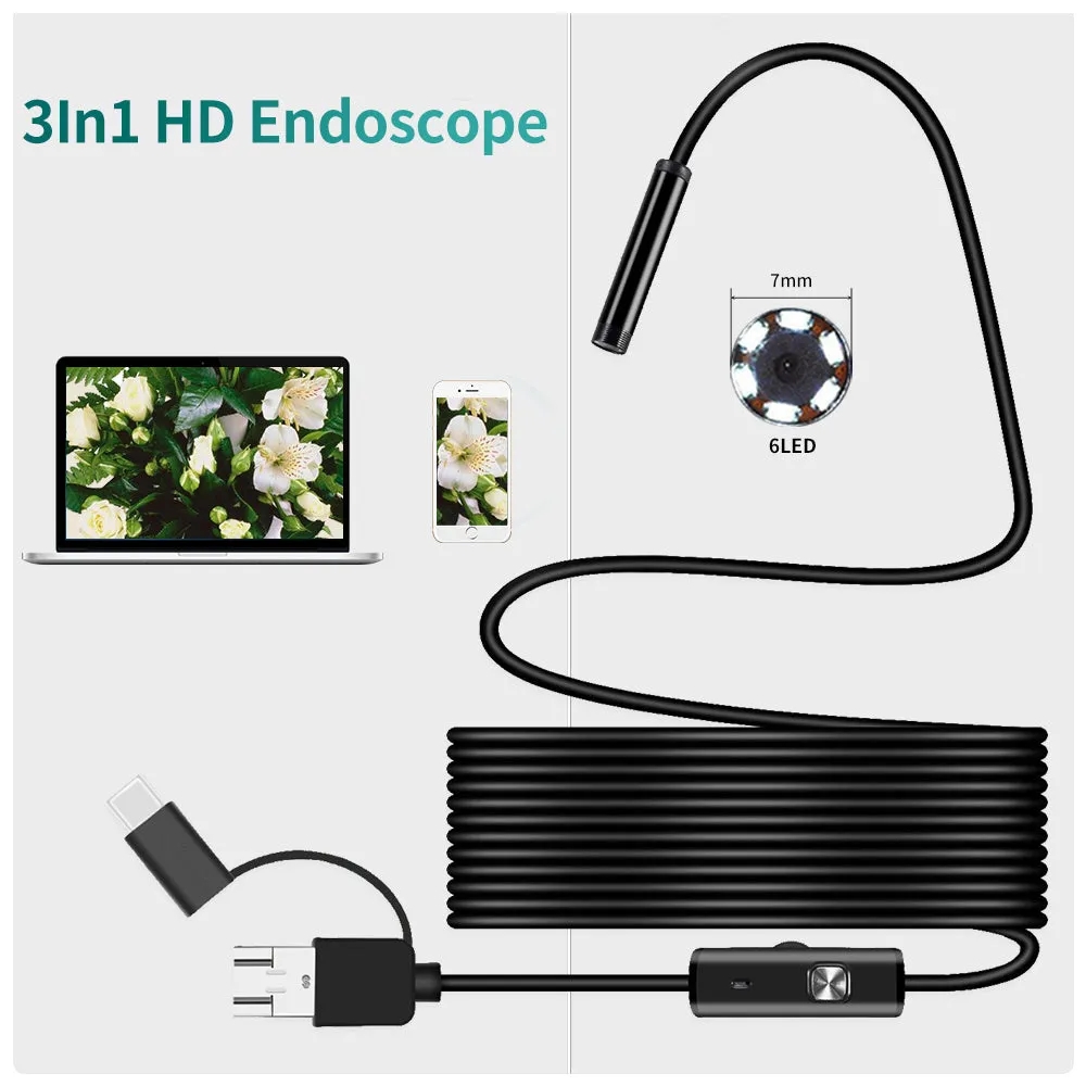 7MM Android Endoscope 3 in 1 USB/Micro USB/Type-C Borescope Inspection Camera Waterproof for Smartphone with OTG and UVC PC