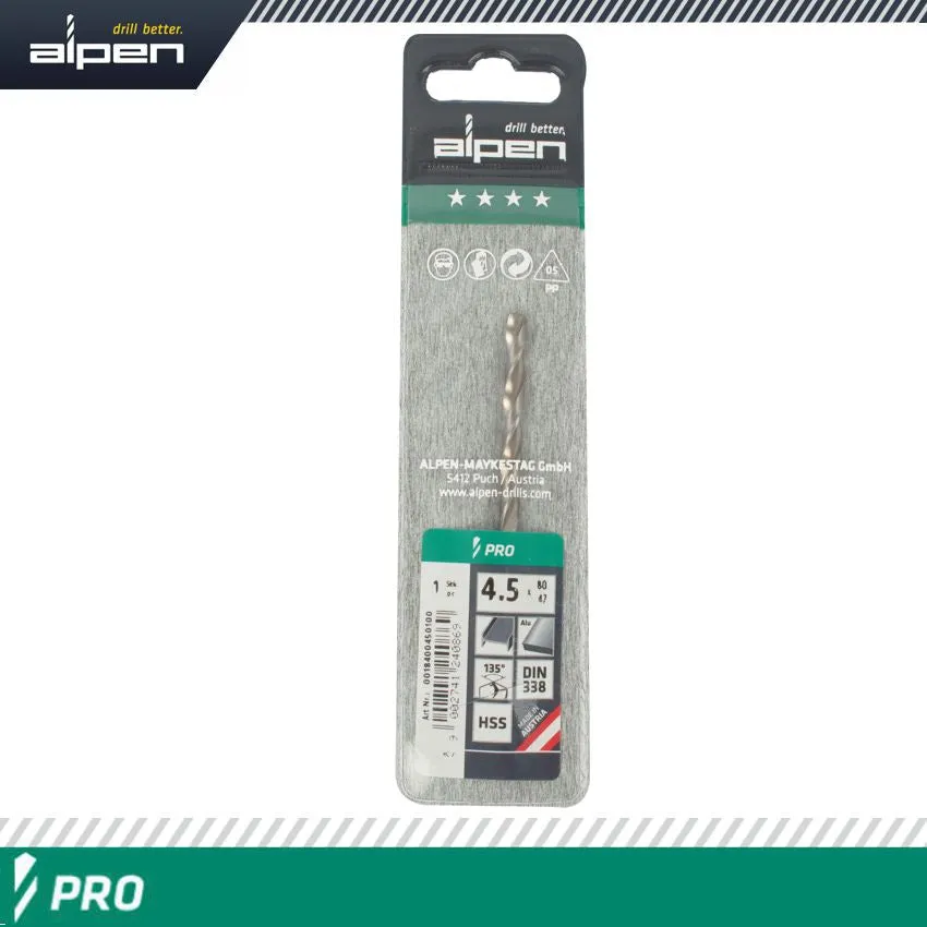 ALPEN ALPEN PRO HSS 4.5MM DRILL DIN 338 RN 135 SPLIT POINT PLASTIC WALLET  ( ALP1840045