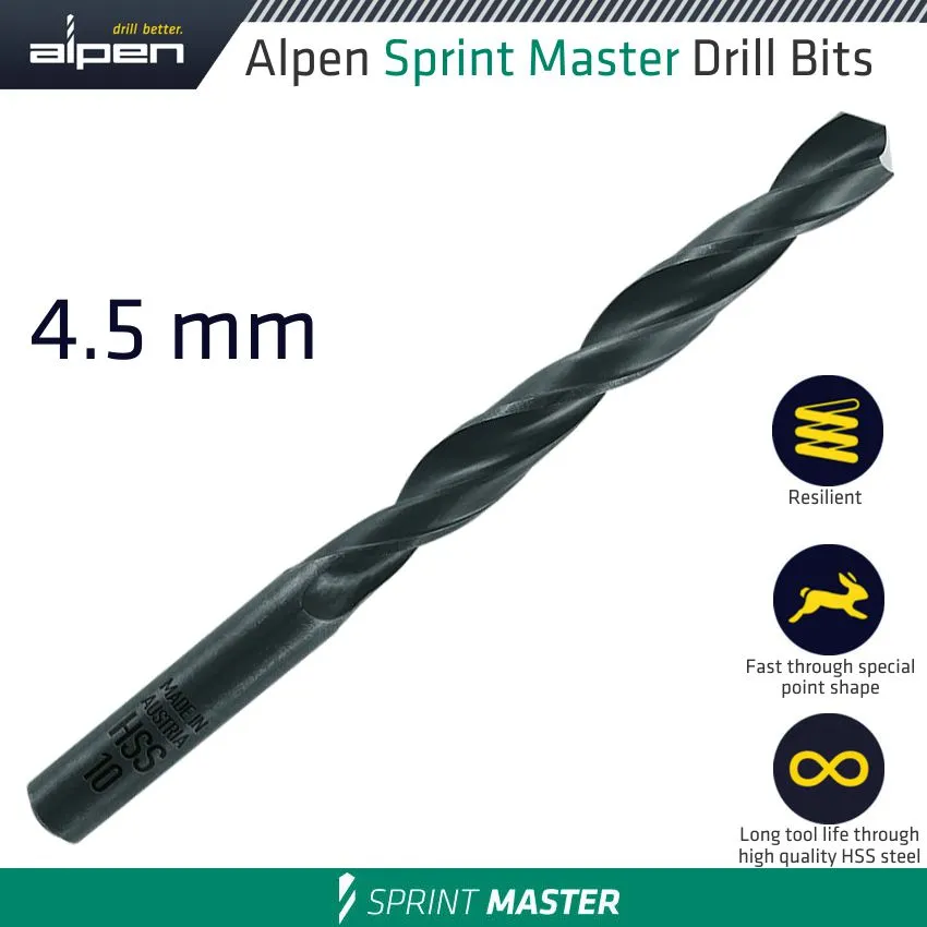 ALPEN HSS SPRINT MASTER 4.5MM X1 615045 SLEEVED DIN338 ALPEN DRILL BIT ALP614045-1