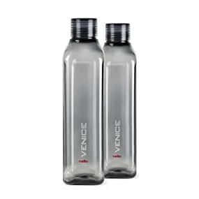 Cello Venice Plastic Water Bottle, 1 Litre, Set of 2, Black