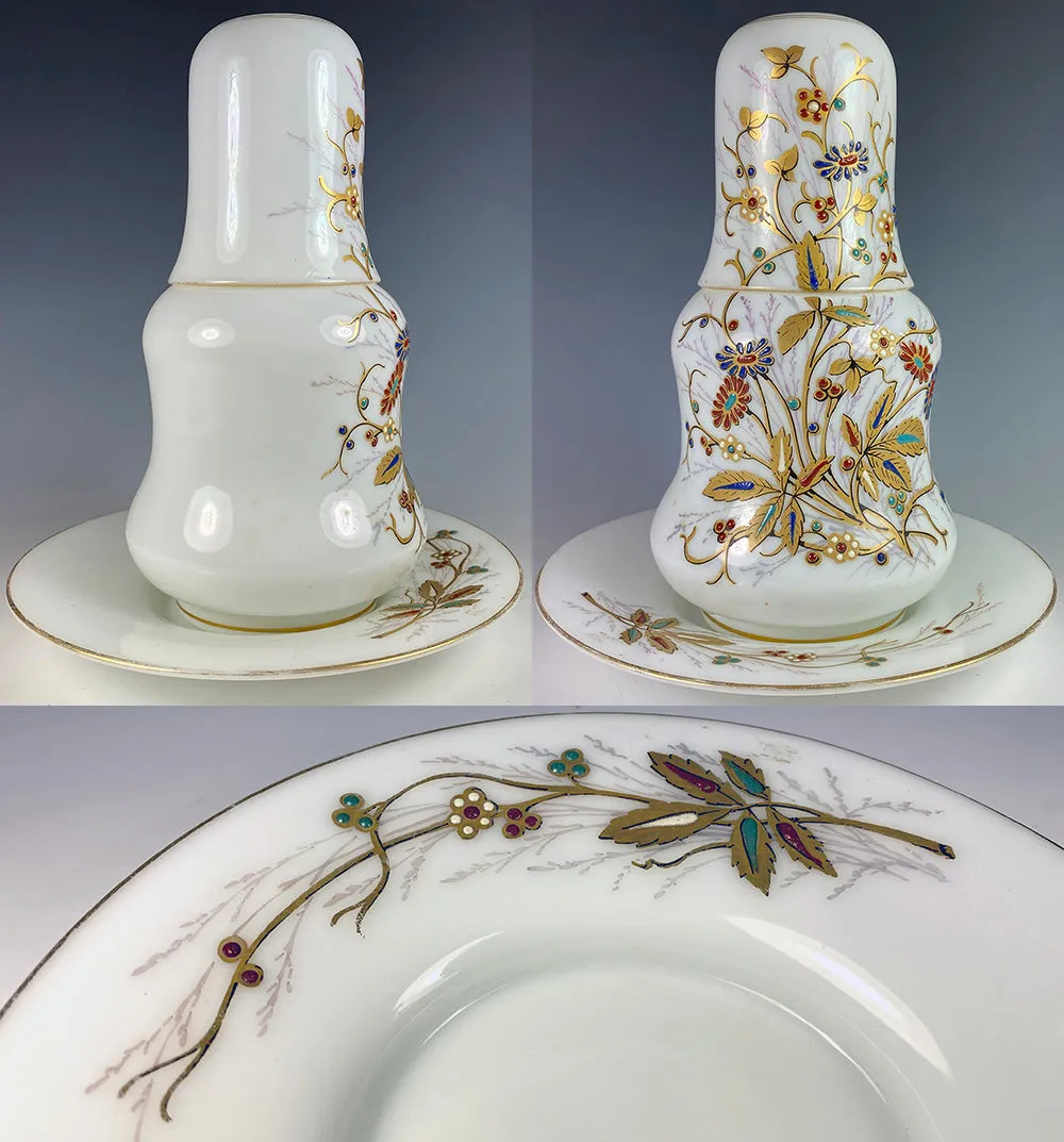 Fine Antique French Opaline Tumble Up, Bonne Nuit, Bedside Decanter, Plate, Cup, Jeweled