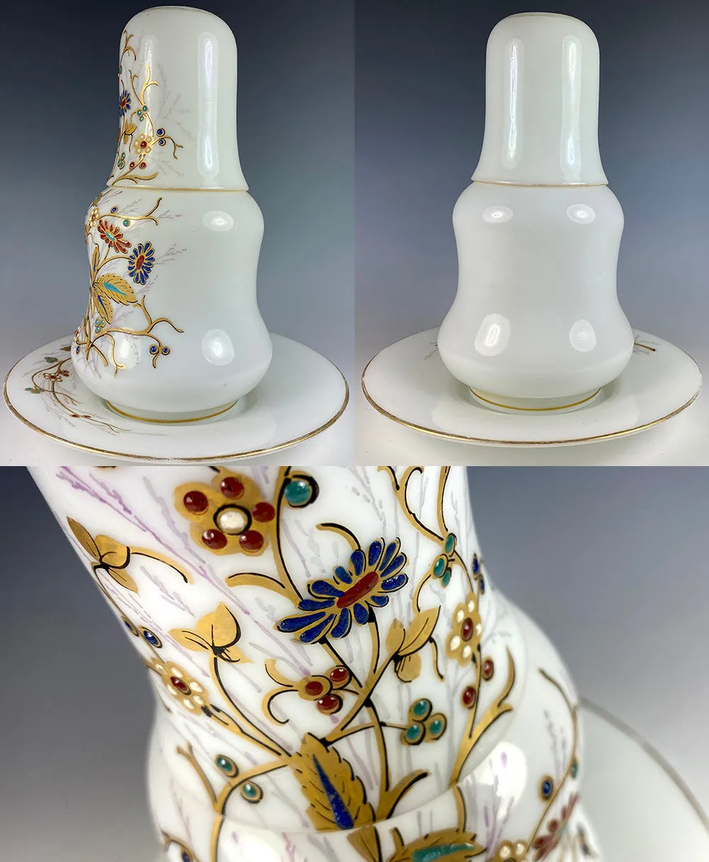 Fine Antique French Opaline Tumble Up, Bonne Nuit, Bedside Decanter, Plate, Cup, Jeweled