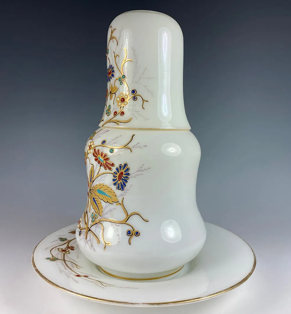 Fine Antique French Opaline Tumble Up, Bonne Nuit, Bedside Decanter, Plate, Cup, Jeweled