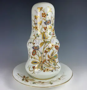 Fine Antique French Opaline Tumble Up, Bonne Nuit, Bedside Decanter, Plate, Cup, Jeweled