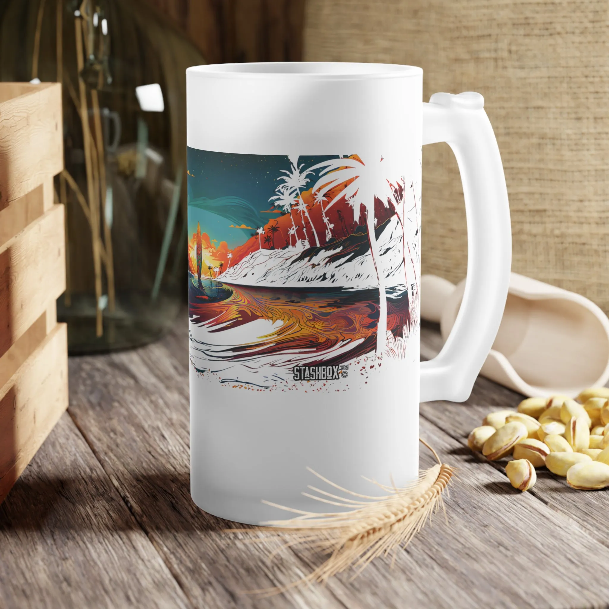 Frosted Glass Beer Mug Stunning Sunset Surfboard Art 001