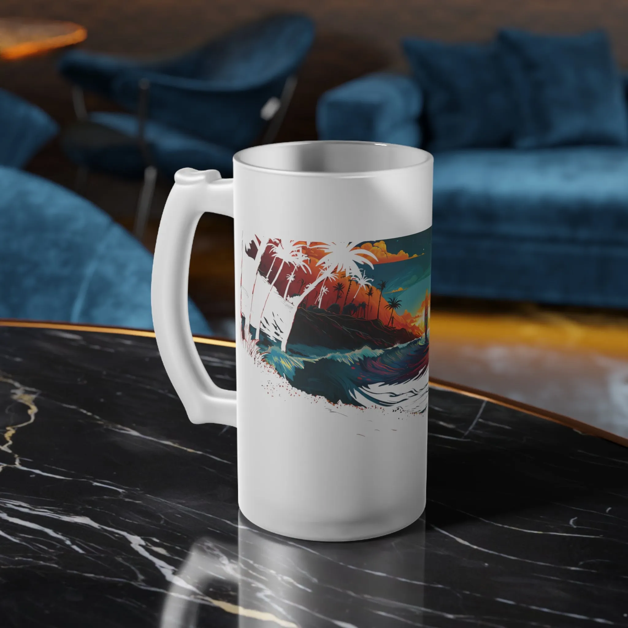 Frosted Glass Beer Mug Stunning Sunset Surfboard Art 001