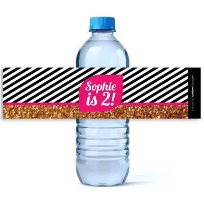 Glitter Stripes Birthday Water Bottle Labels