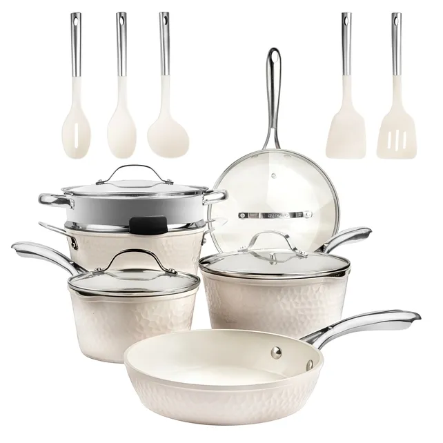 Gotham Steel Hammered Cream 15 Piece Cookware Set