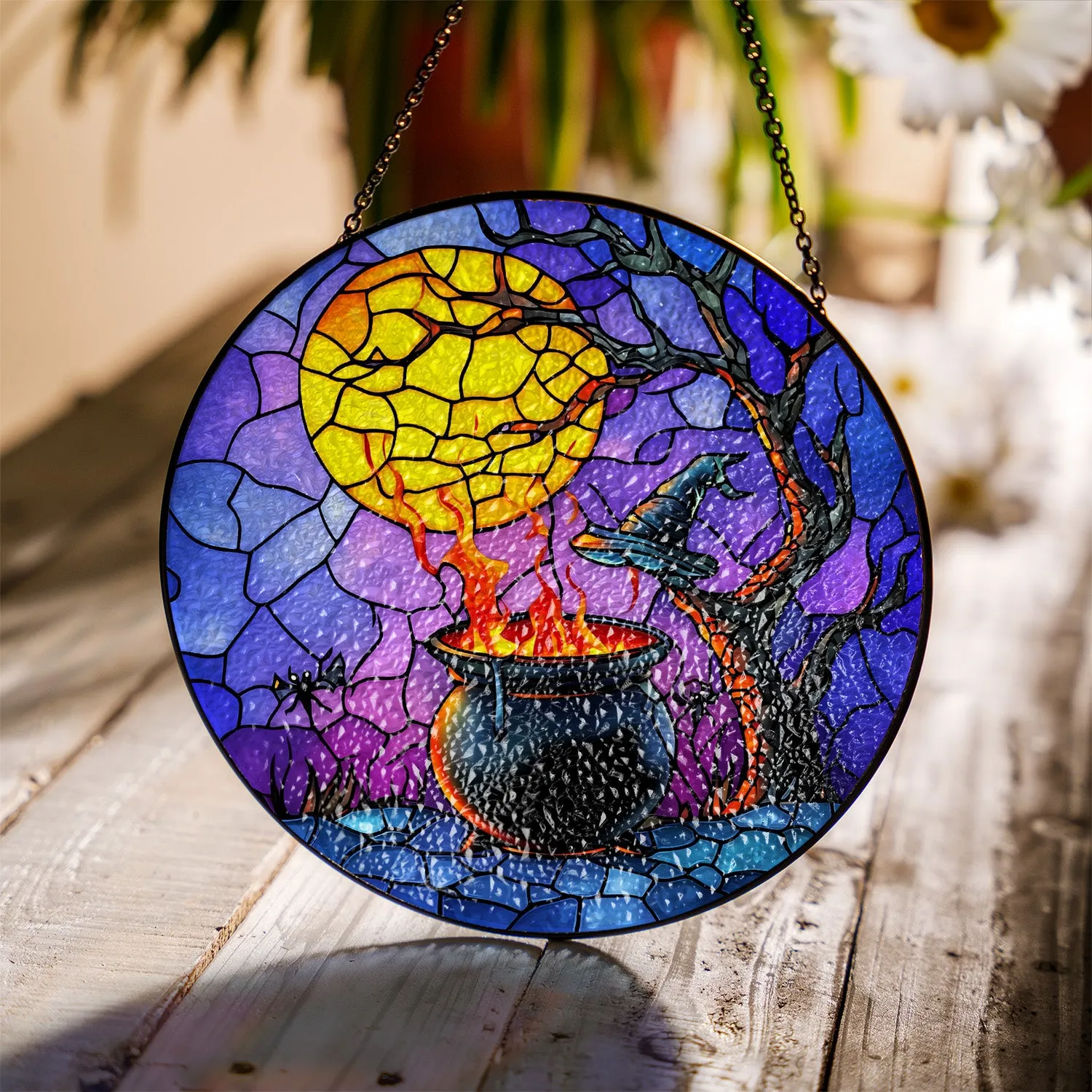 Halloween Stained Glass Suncatcher Collection | Decorative Window Hanging | 2 Sizes | Holiday Decor Accents | Potion in a Cauldron