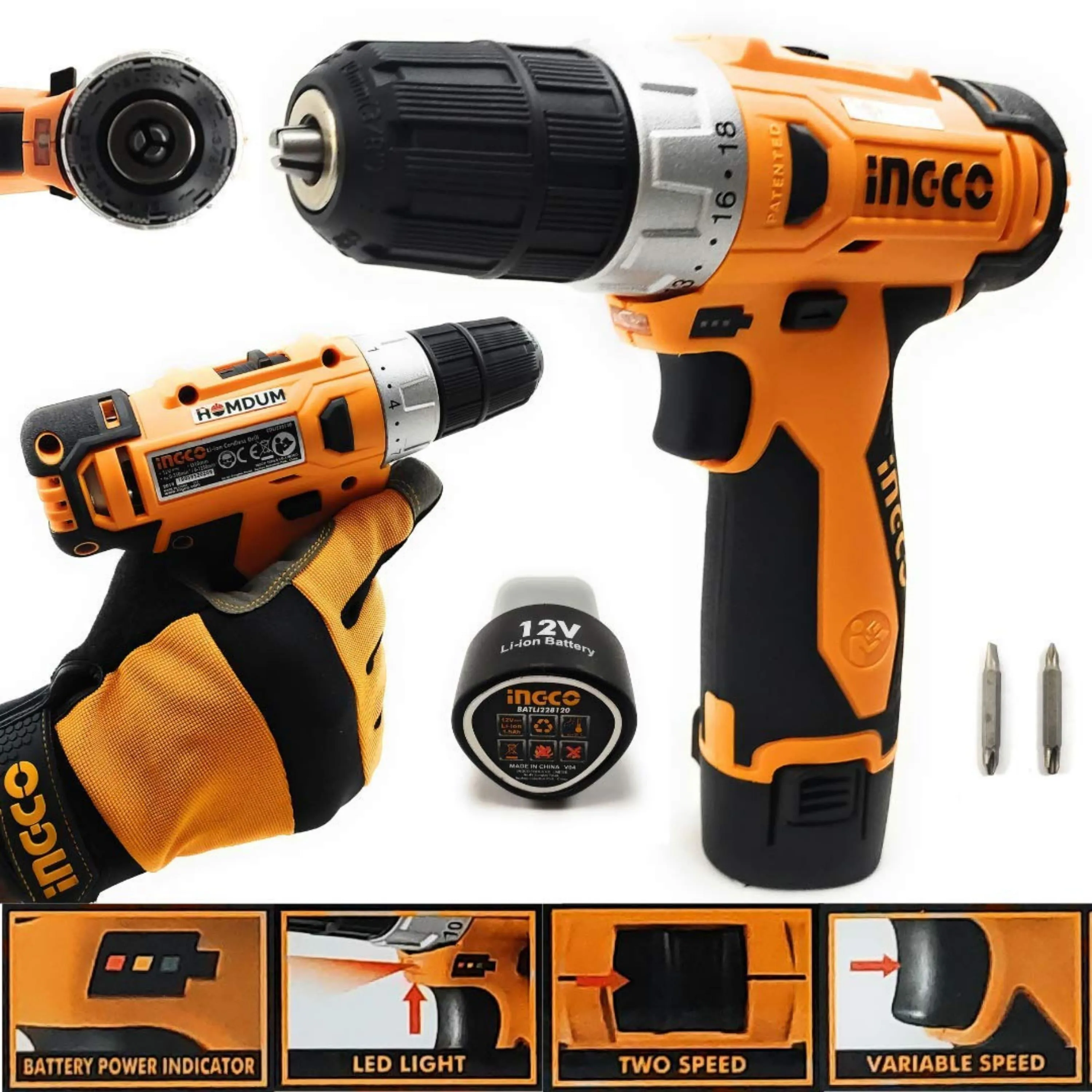 Ingco Cordless 10mm MultiFunction Drill Screwdriver Gun with Multi Screw DIY Set, Screws,Drill Bit &2 Ph2 Bit