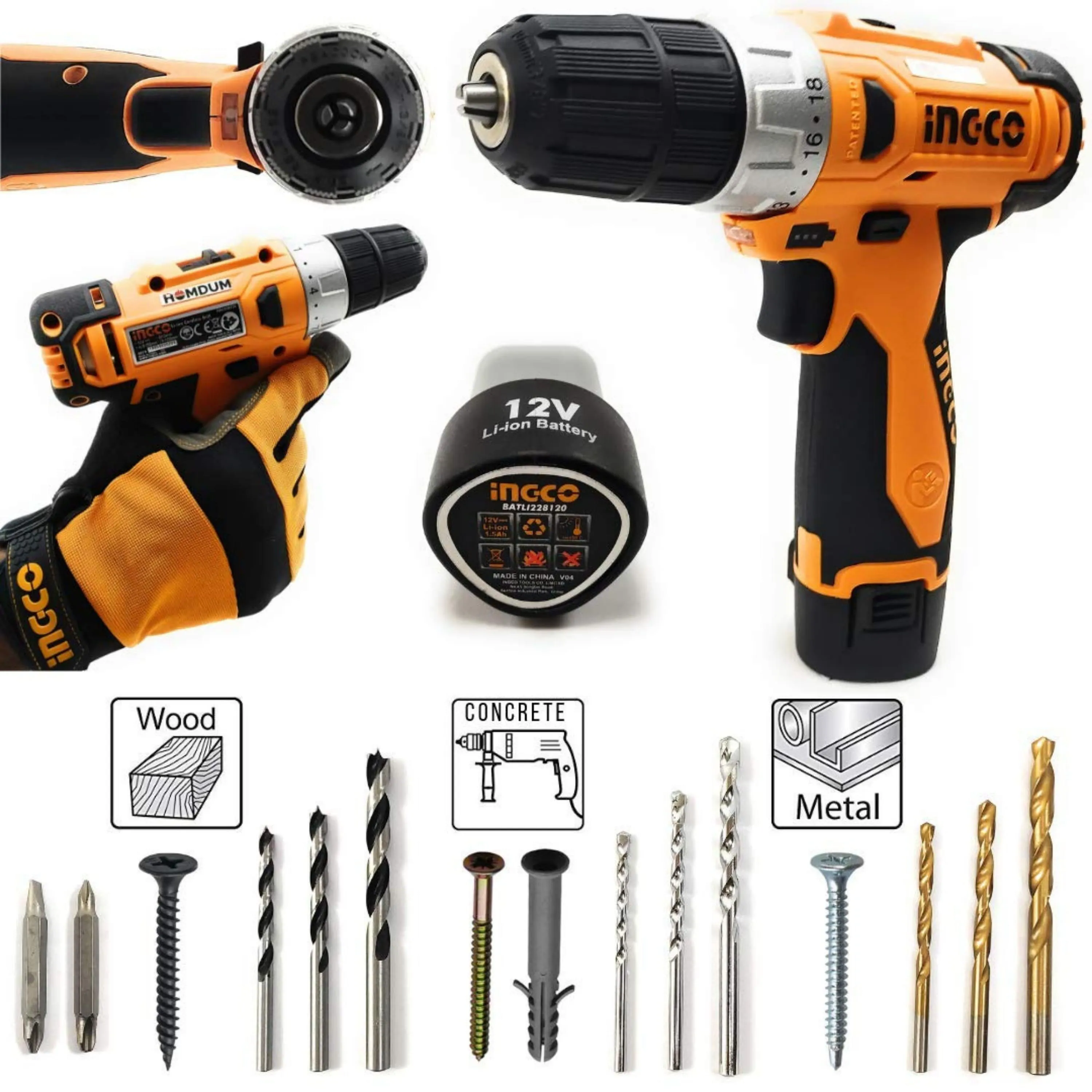 Ingco Cordless 10mm MultiFunction Drill Screwdriver Gun with Multi Screw DIY Set, Screws,Drill Bit &2 Ph2 Bit