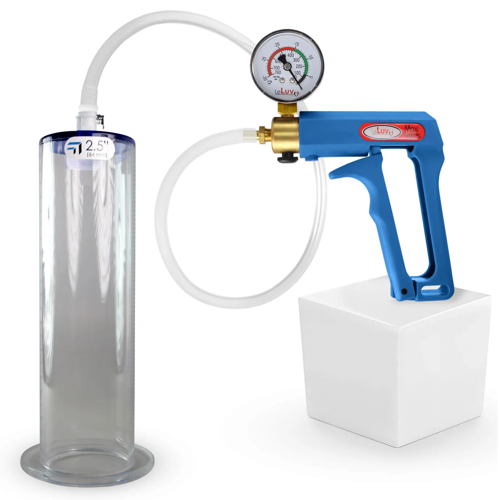 LeLuv Maxi Penis Pump | Blue Handle Clear Hose, All Gauge Options | WIDE FLANGE Cylinder