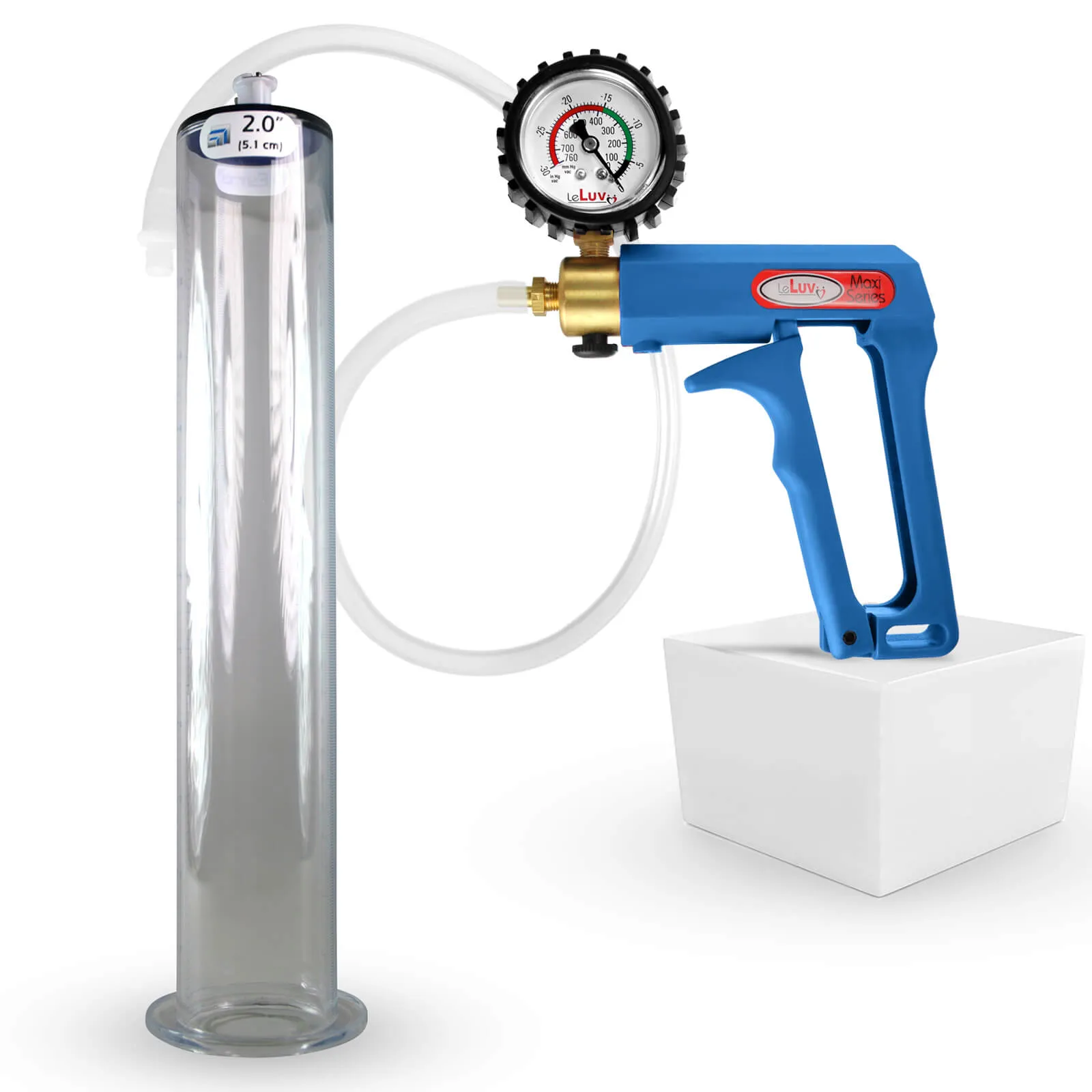 LeLuv Maxi Penis Pump | Blue Handle Clear Hose, All Gauge Options | WIDE FLANGE Cylinder