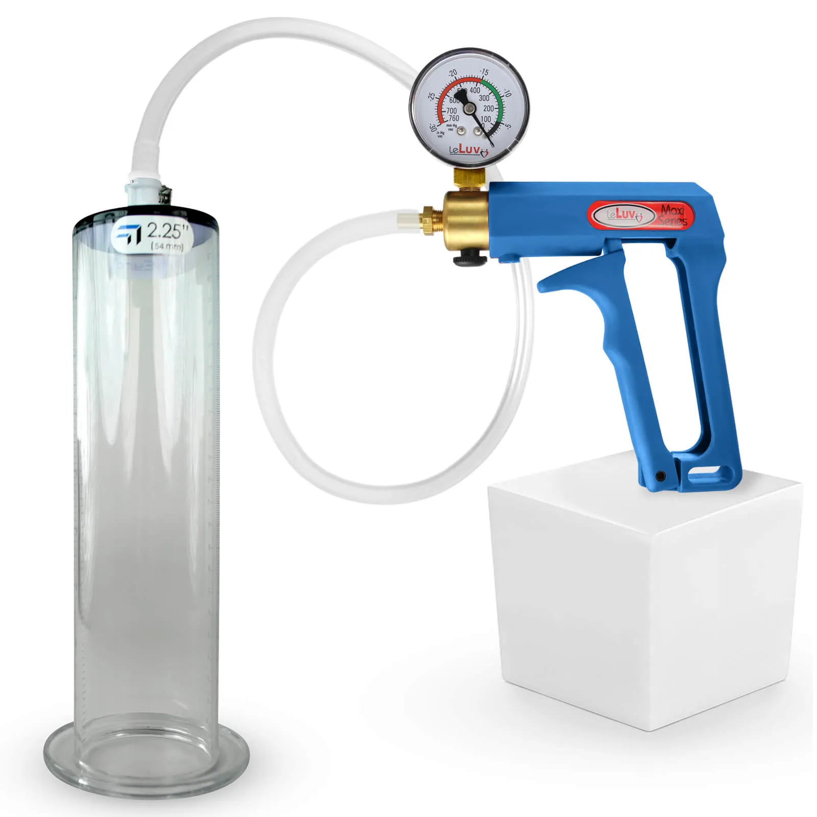 LeLuv Maxi Penis Pump | Blue Handle Clear Hose, All Gauge Options | WIDE FLANGE Cylinder