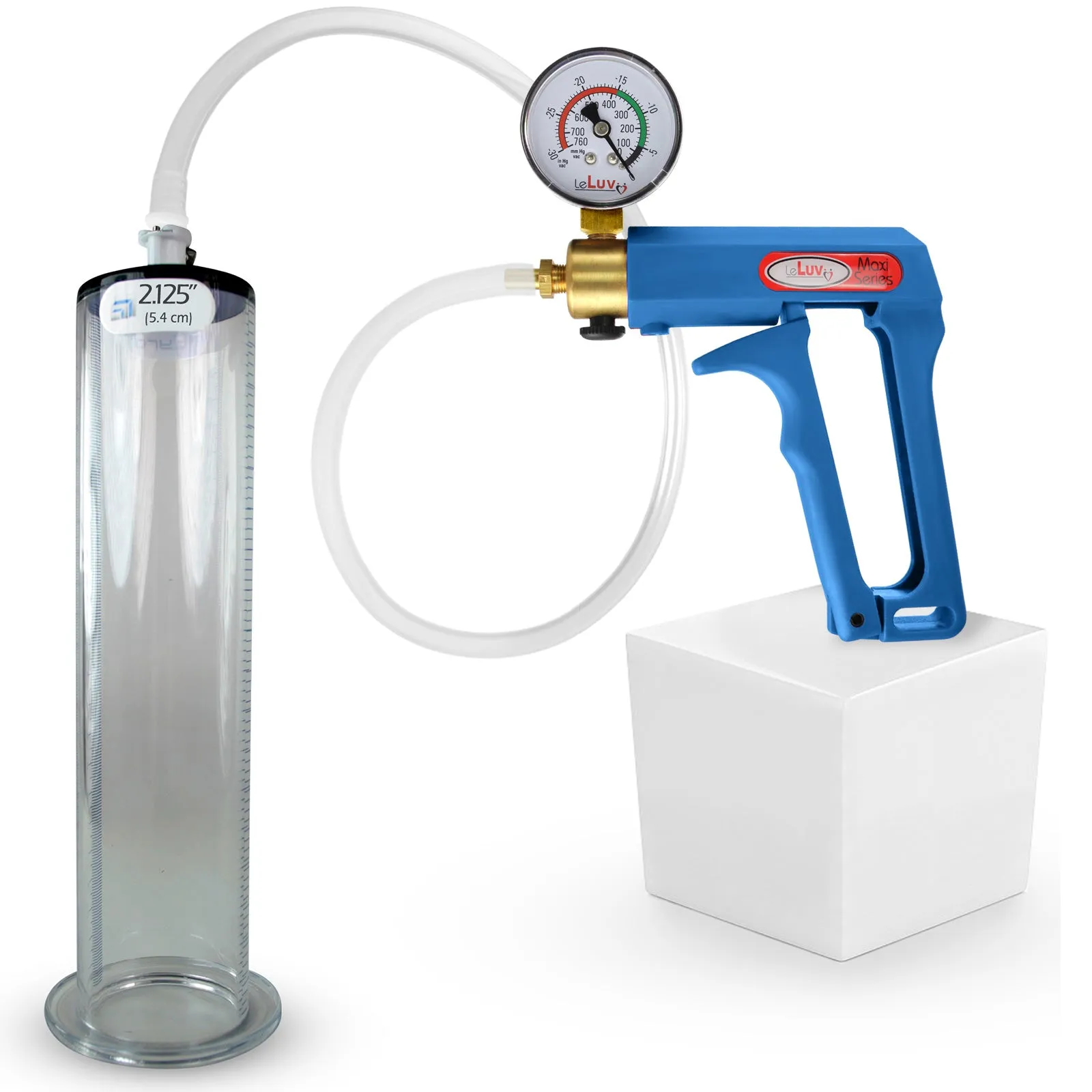 LeLuv Maxi Penis Pump | Blue Handle Clear Hose, All Gauge Options | WIDE FLANGE Cylinder