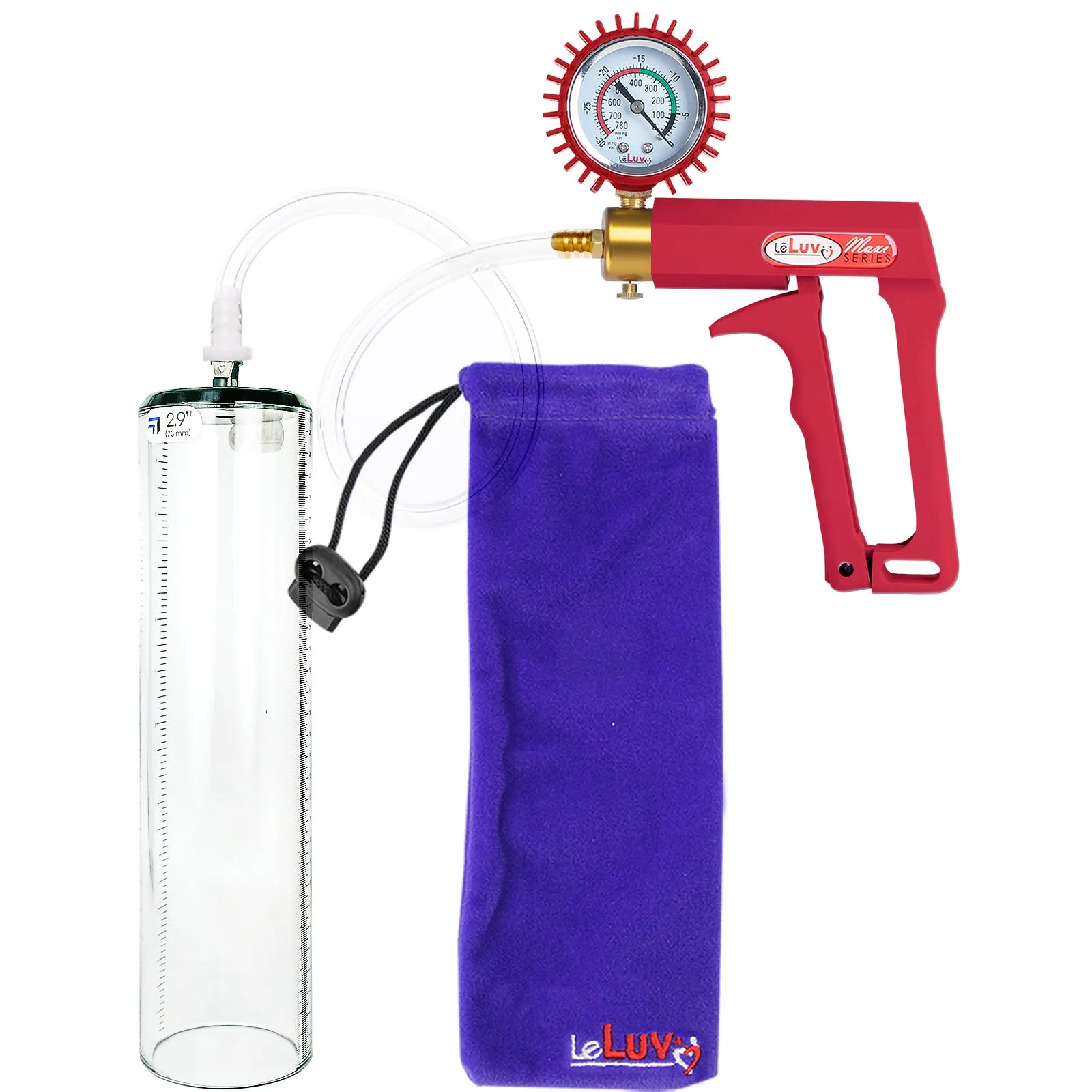 LeLuv Maxi Penis Pump with Thick-Walled Cylinders, Clear Hose - Choose Length & Diameter