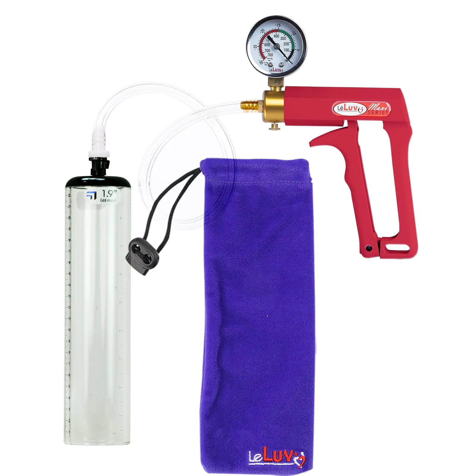 LeLuv Maxi Penis Pump with Thick-Walled Cylinders, Clear Hose - Choose Length & Diameter