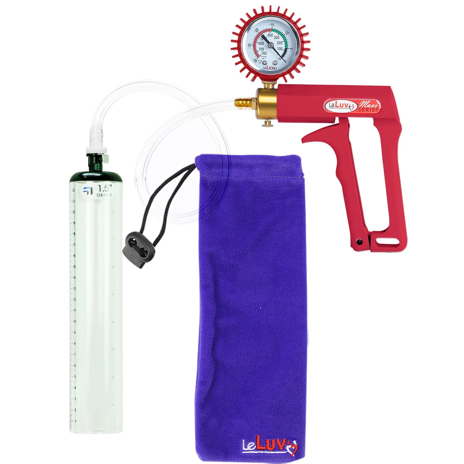 LeLuv Maxi Penis Pump with Thick-Walled Cylinders, Clear Hose - Choose Length & Diameter