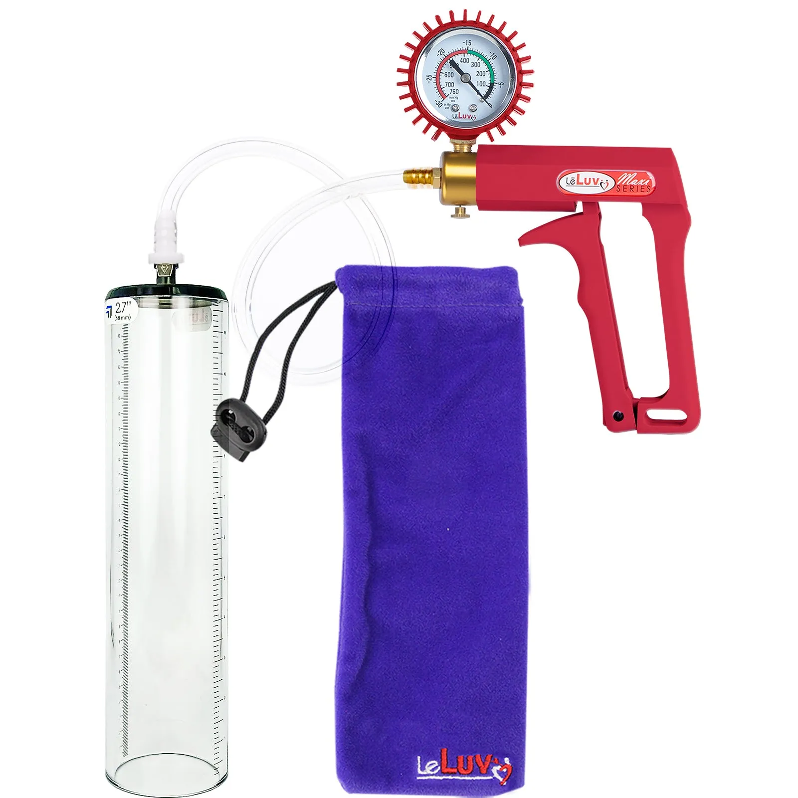 LeLuv Maxi Penis Pump with Thick-Walled Cylinders, Clear Hose - Choose Length & Diameter