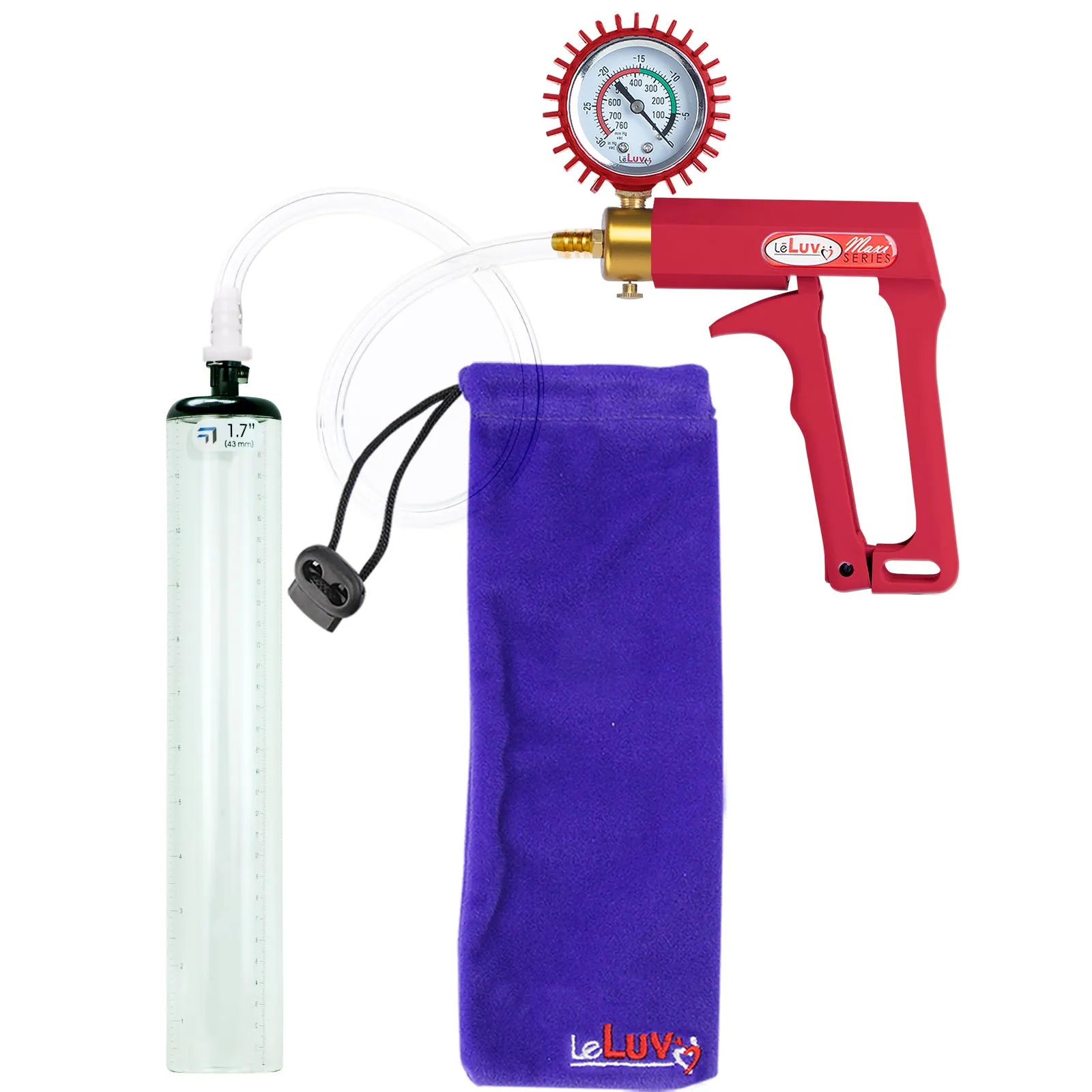 LeLuv Maxi Penis Pump with Thick-Walled Cylinders, Clear Hose - Choose Length & Diameter