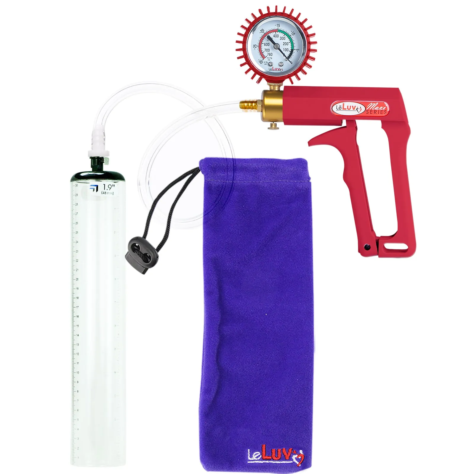 LeLuv Maxi Penis Pump with Thick-Walled Cylinders, Clear Hose - Choose Length & Diameter