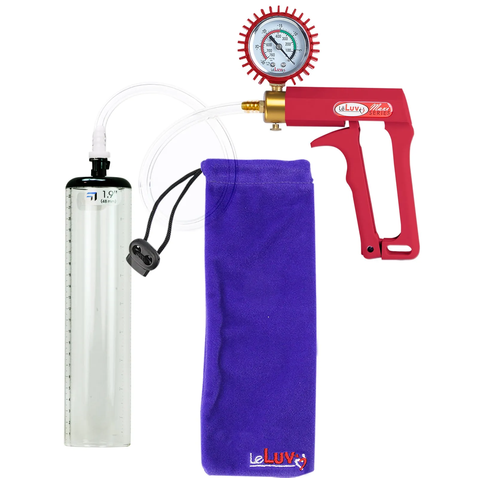 LeLuv Maxi Penis Pump with Thick-Walled Cylinders, Clear Hose - Choose Length & Diameter