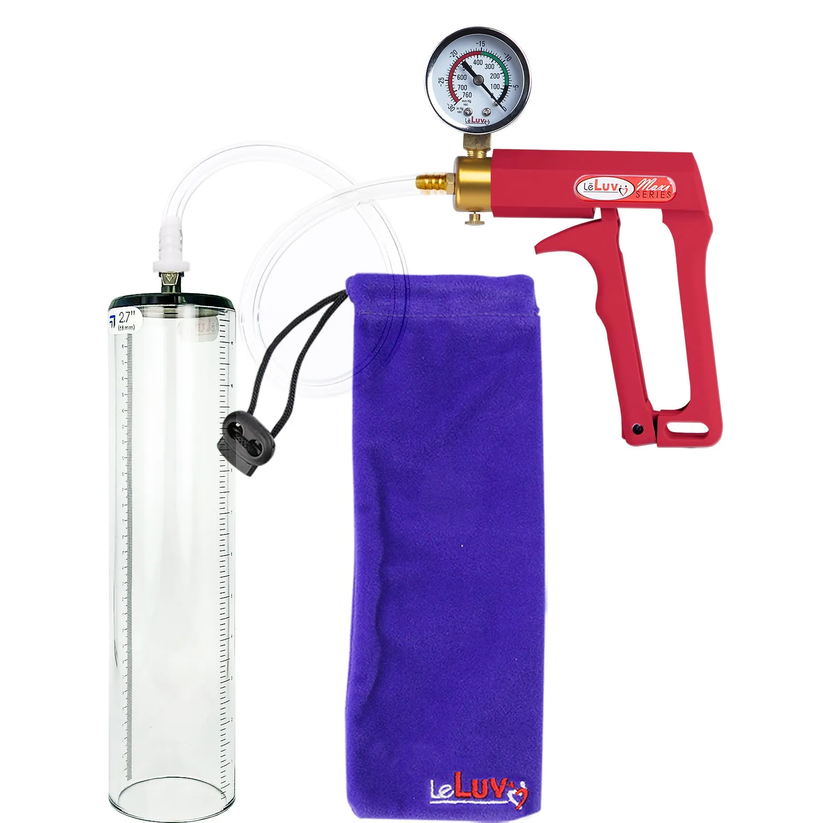 LeLuv Maxi Penis Pump with Thick-Walled Cylinders, Clear Hose - Choose Length & Diameter