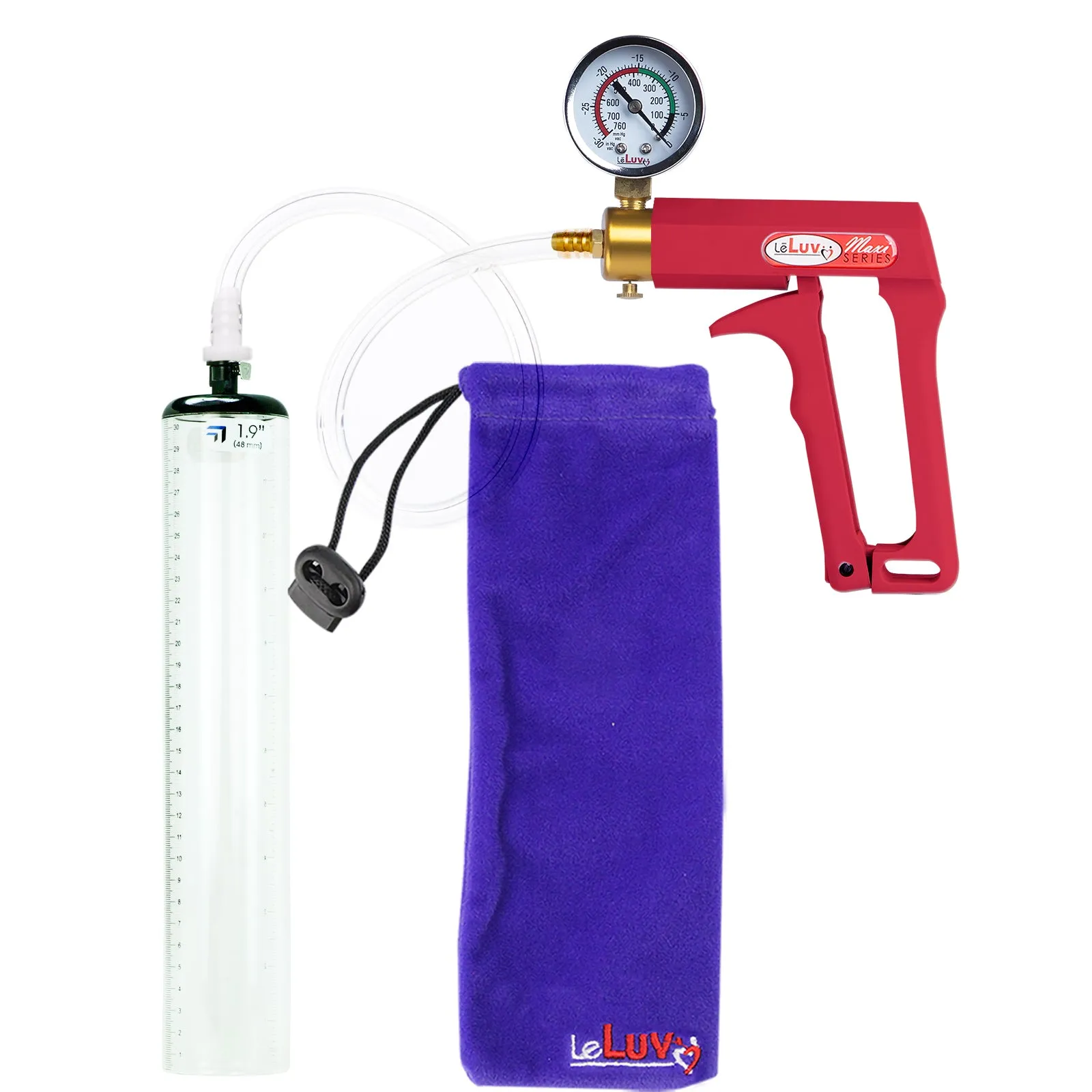 LeLuv Maxi Penis Pump with Thick-Walled Cylinders, Clear Hose - Choose Length & Diameter