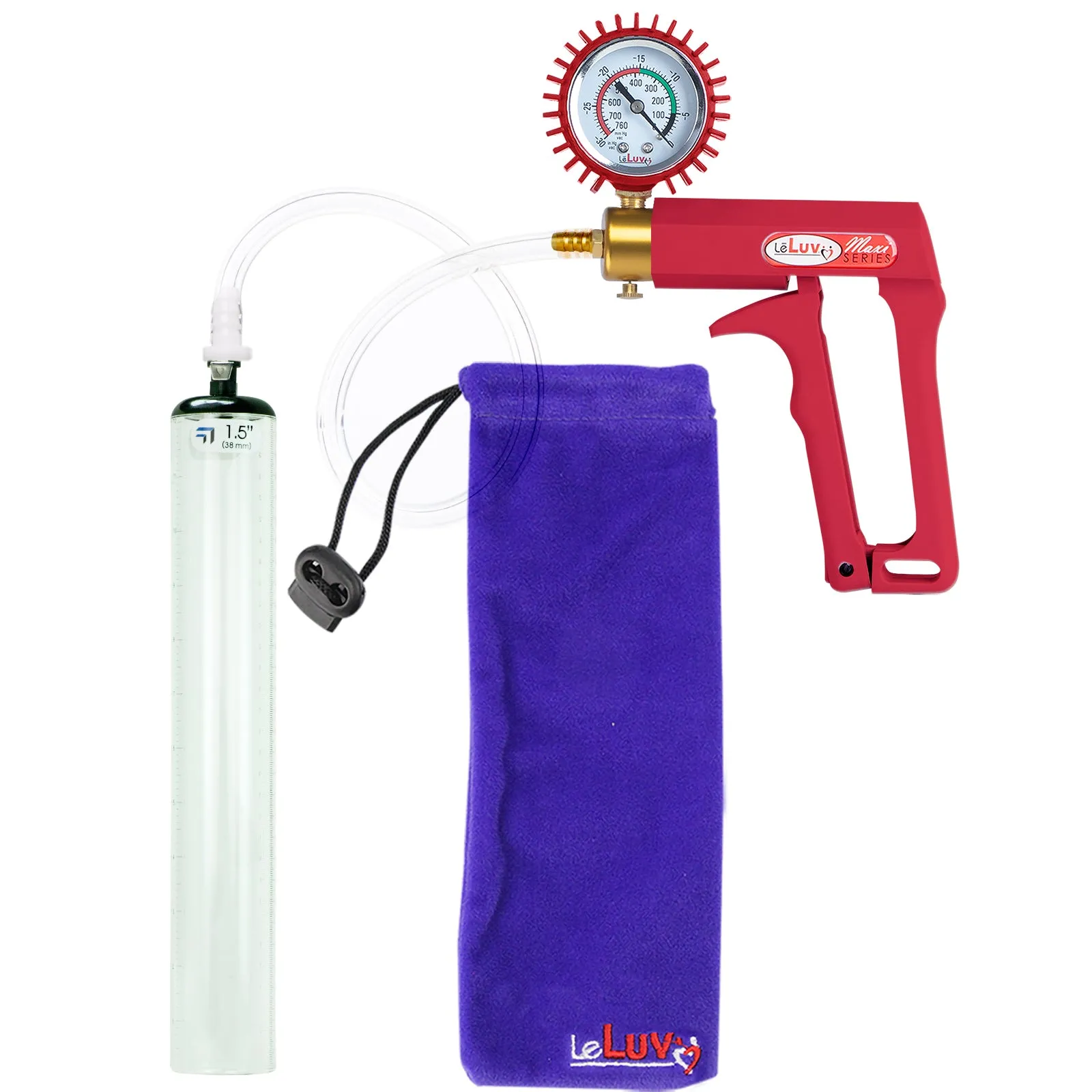 LeLuv Maxi Penis Pump with Thick-Walled Cylinders, Clear Hose - Choose Length & Diameter