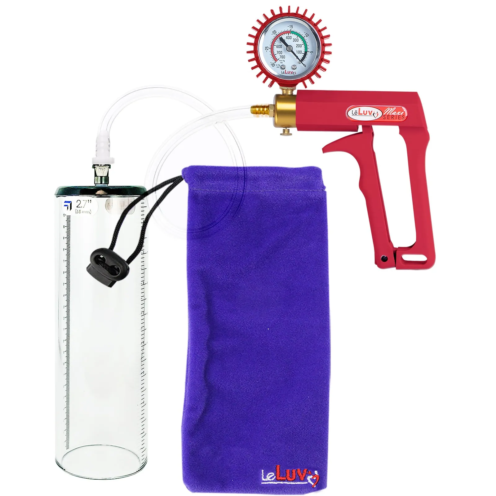 LeLuv Maxi Penis Pump with Thick-Walled Cylinders, Clear Hose - Choose Length & Diameter