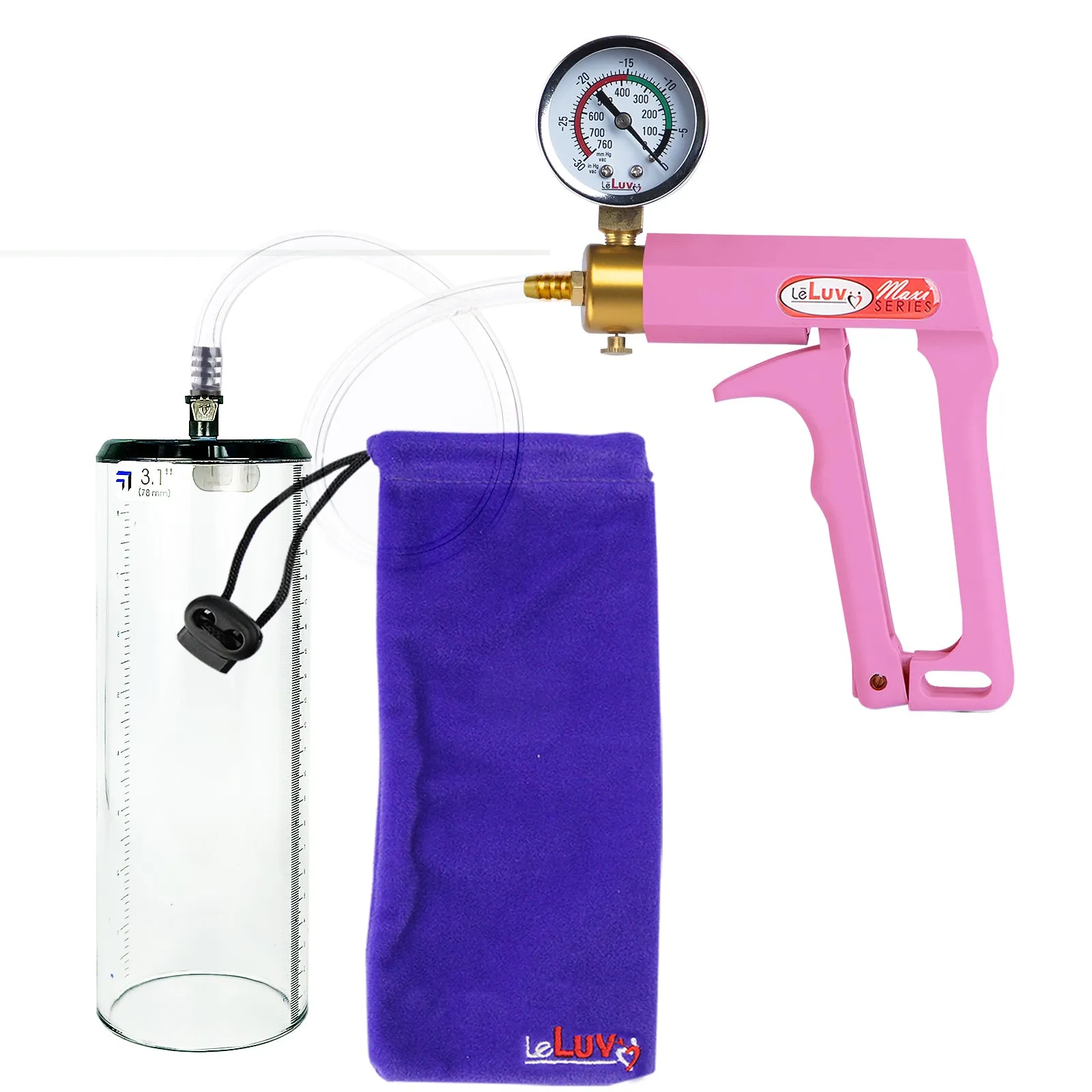 LeLuv Maxi Pink Handle Clear Hose | Penis Pump | 9" Thick Flange Cylinder