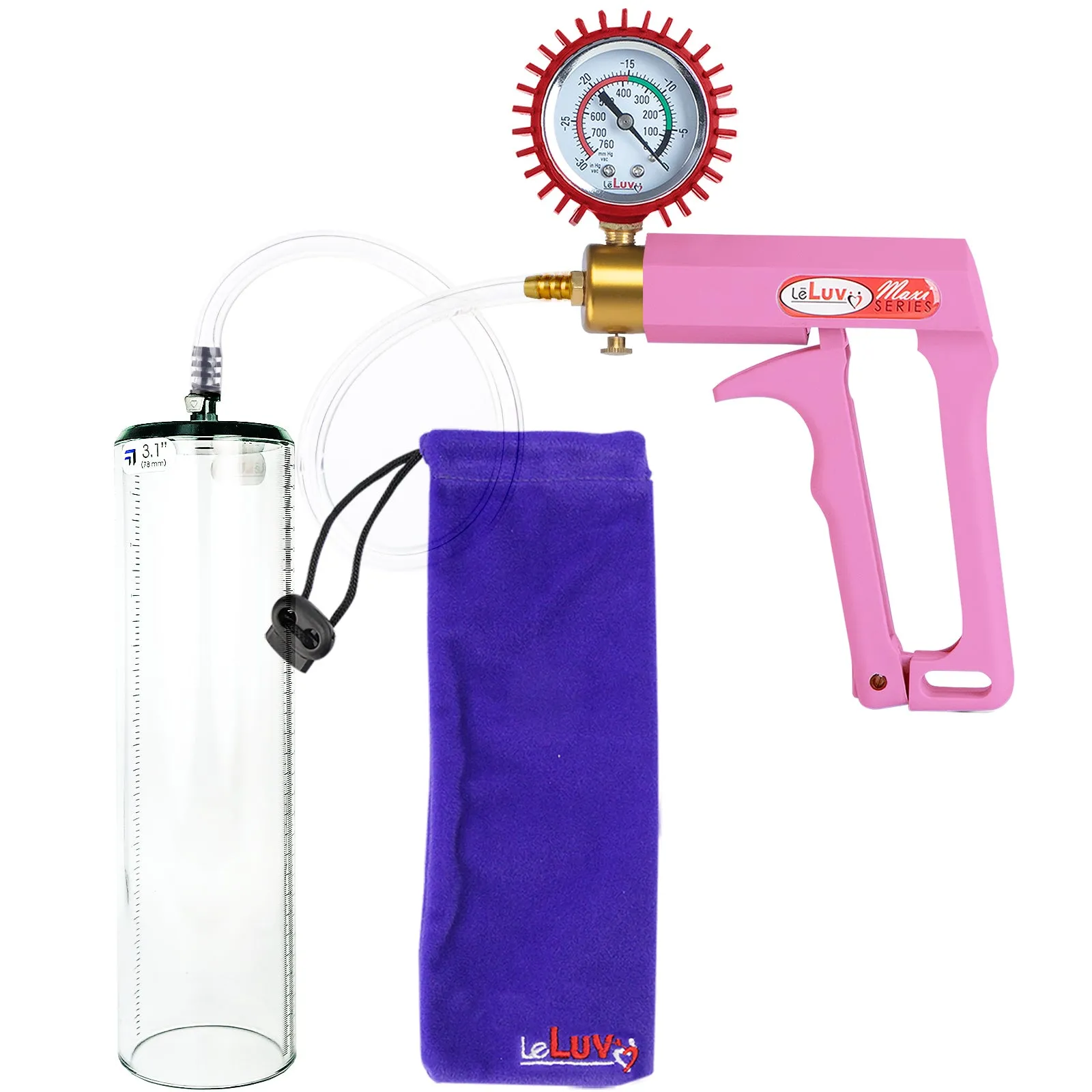 LeLuv Maxi Pink Handle Clear Hose | Penis Pump | 9" Thick Flange Cylinder