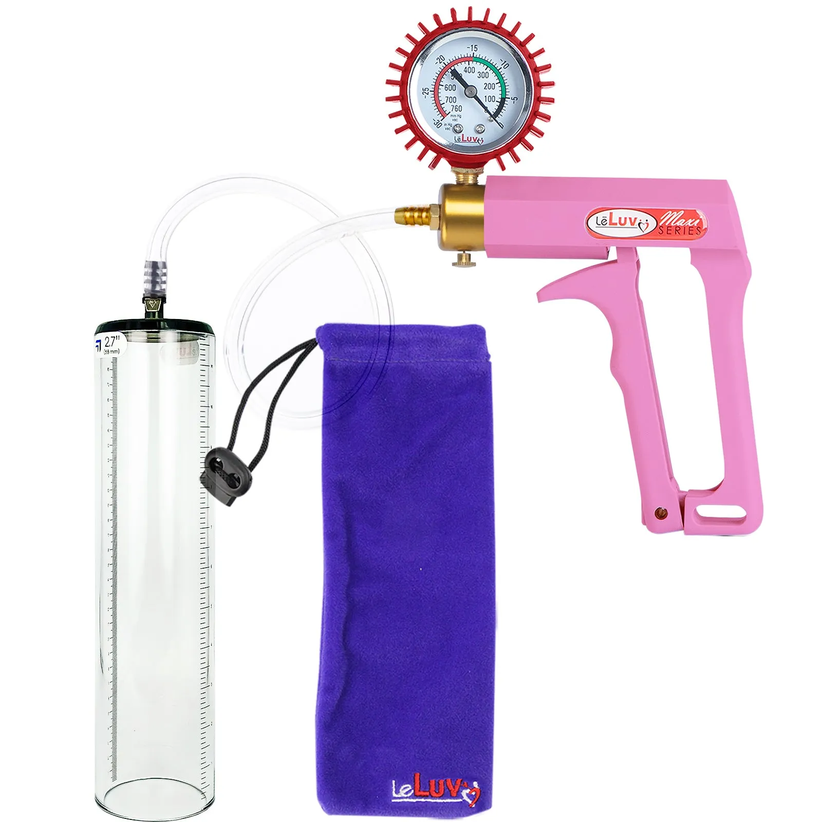 LeLuv Maxi Pink Handle Clear Hose | Penis Pump | 9" Thick Flange Cylinder