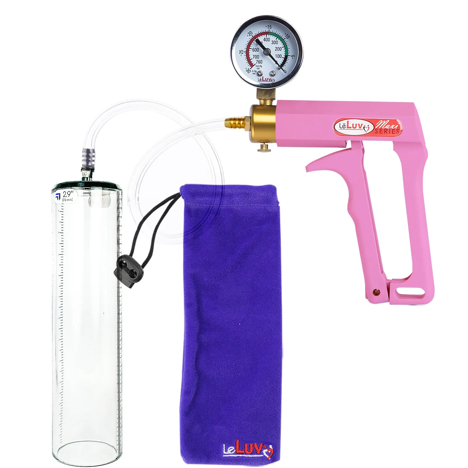 LeLuv Maxi Pink Handle Clear Hose | Penis Pump | 9" Thick Flange Cylinder