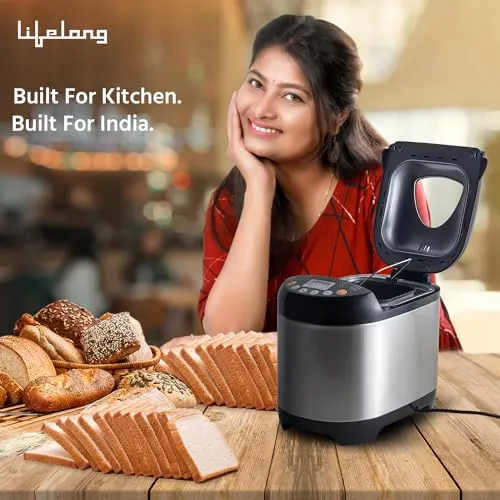 Lifelong Dough Maker & Bread Maker Machine for Kitchen - 550W Fully Automatic Dough Maker Machine - 19 Pre-Set Menu with Adjustable Crust Control & LCD Display- Flour Kneading Machine for Home (Black)