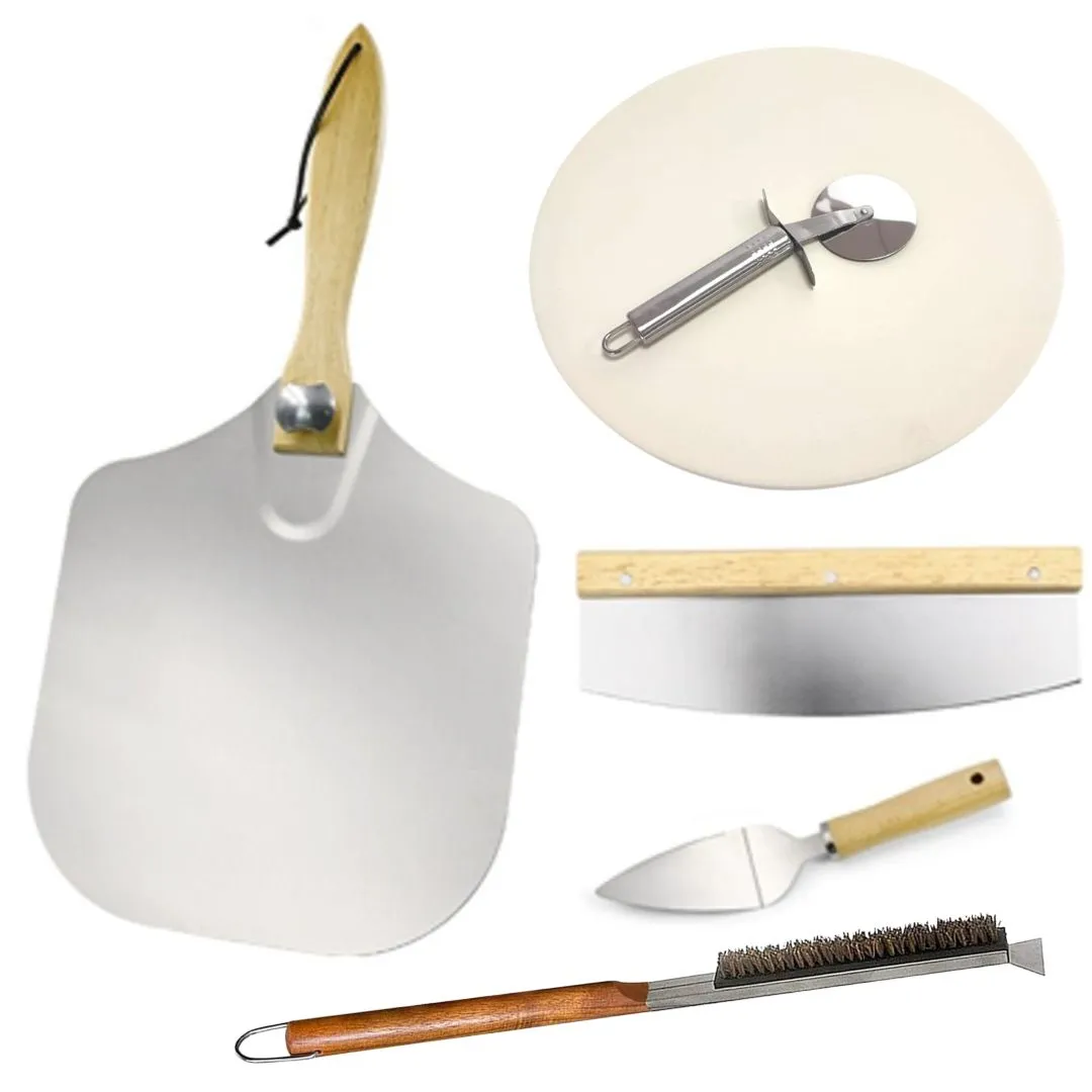 Lifespace 6pc Pizza Bundle Kit - 13" Pizza Stone, Peel, Rocker Slicer, Wheel Cutter, Lifter & Brush