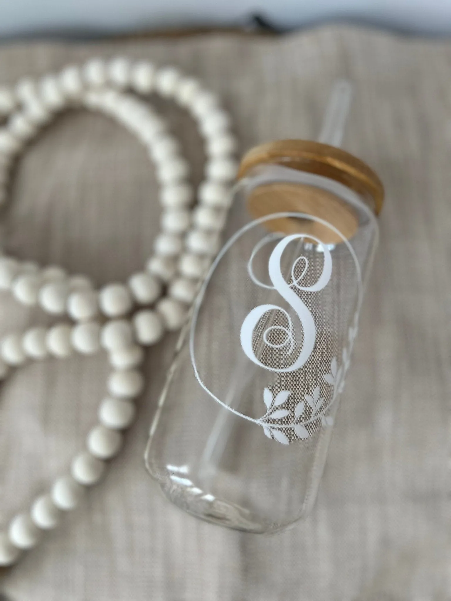 Personalized Initial 16oz Glass Can Cup with Bamboo Lid