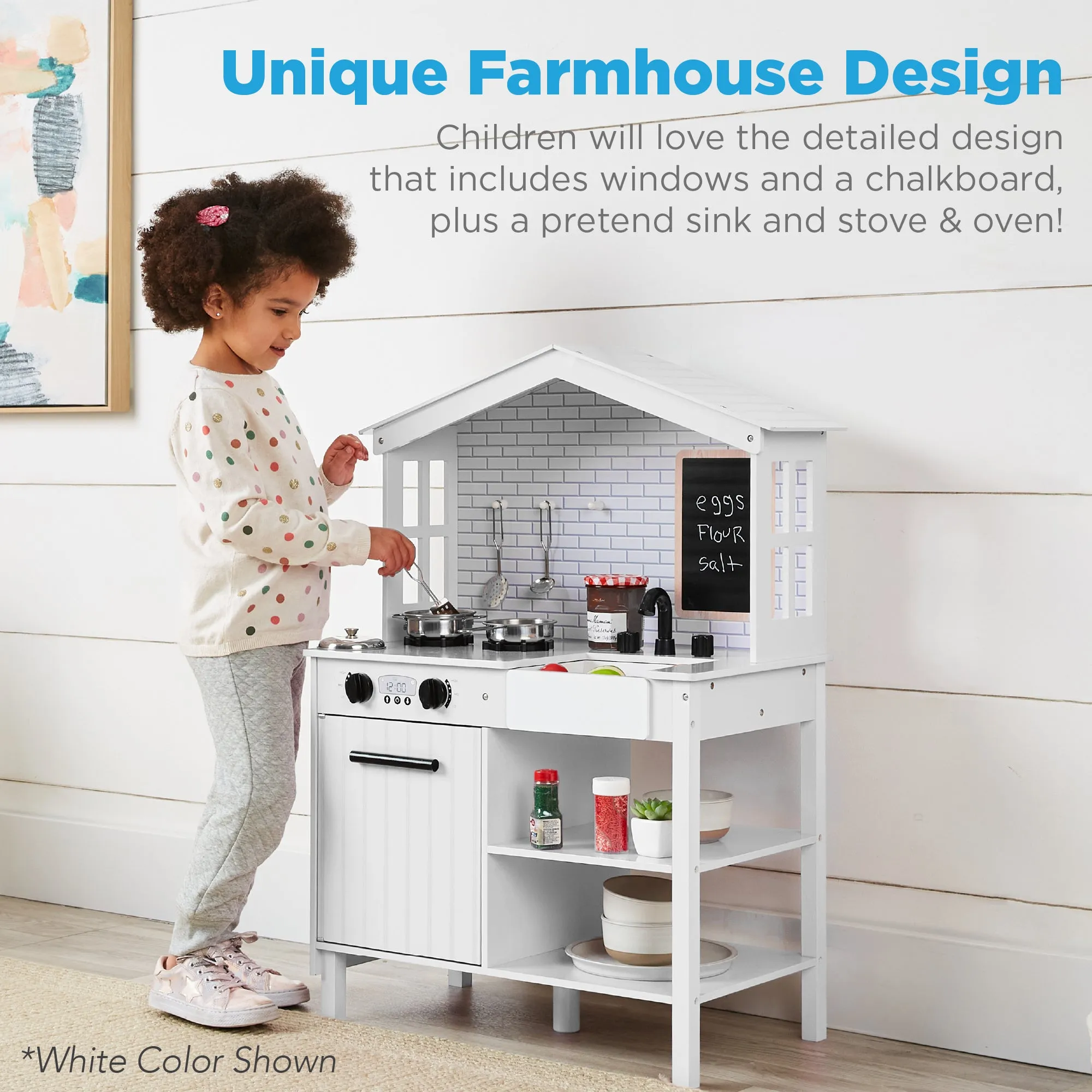 Pretend Play Wooden Farmhouse Kitchen Set w/ Storage, 5 Accessories