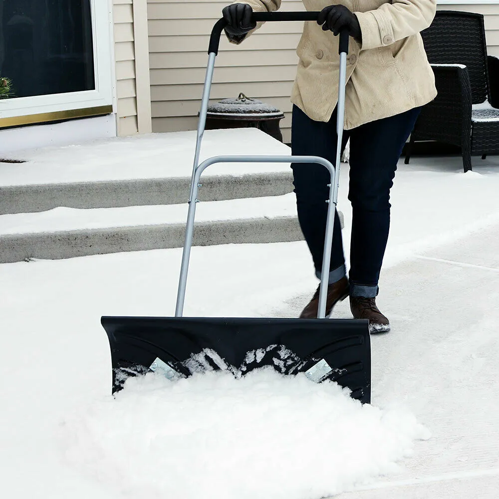 Snow Shovel Pusher Heavy Duty Rolling 26'' Blade with Wheels & Adjustable Handle