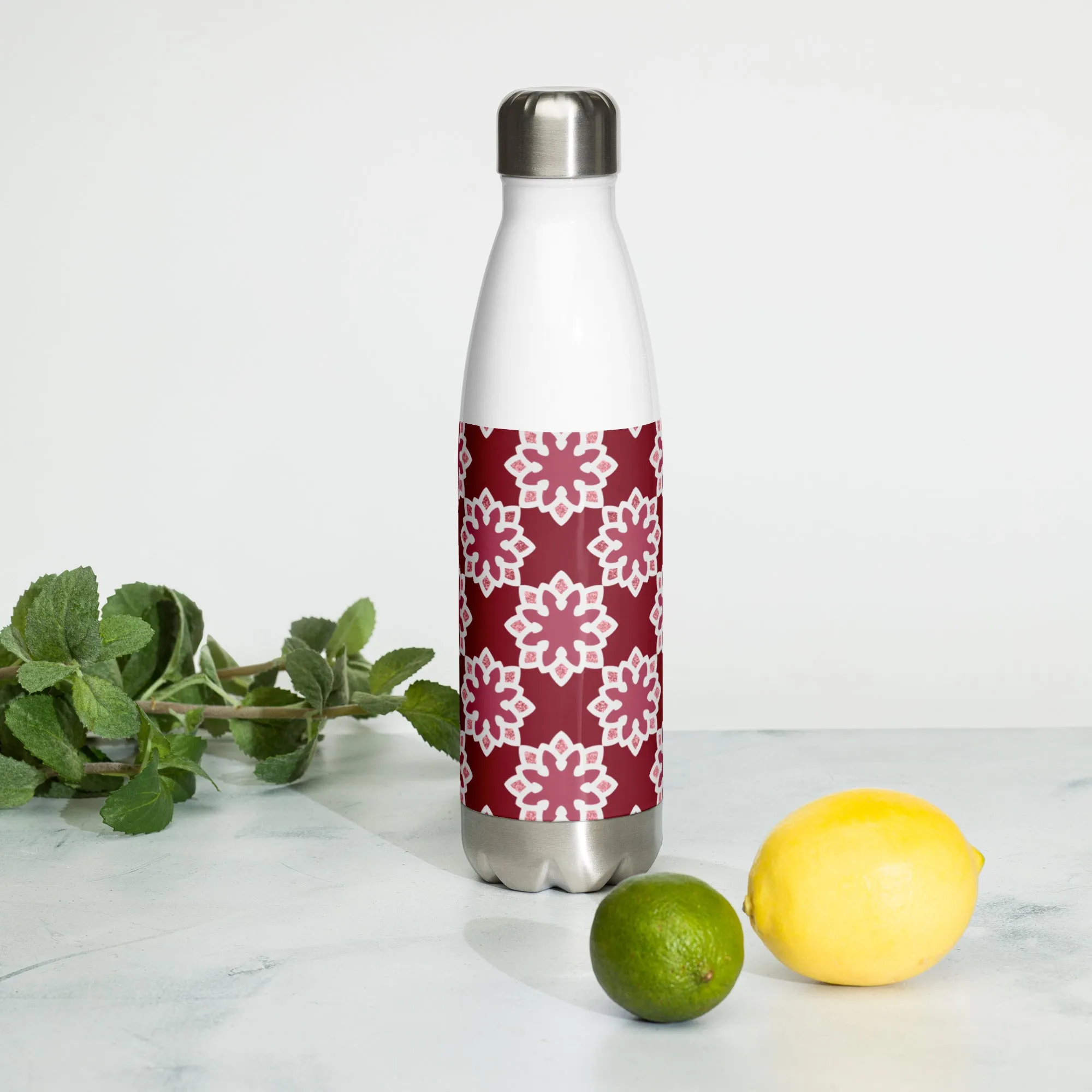 Stainless Steel Water Bottle - Arabesque Flower in Rouge