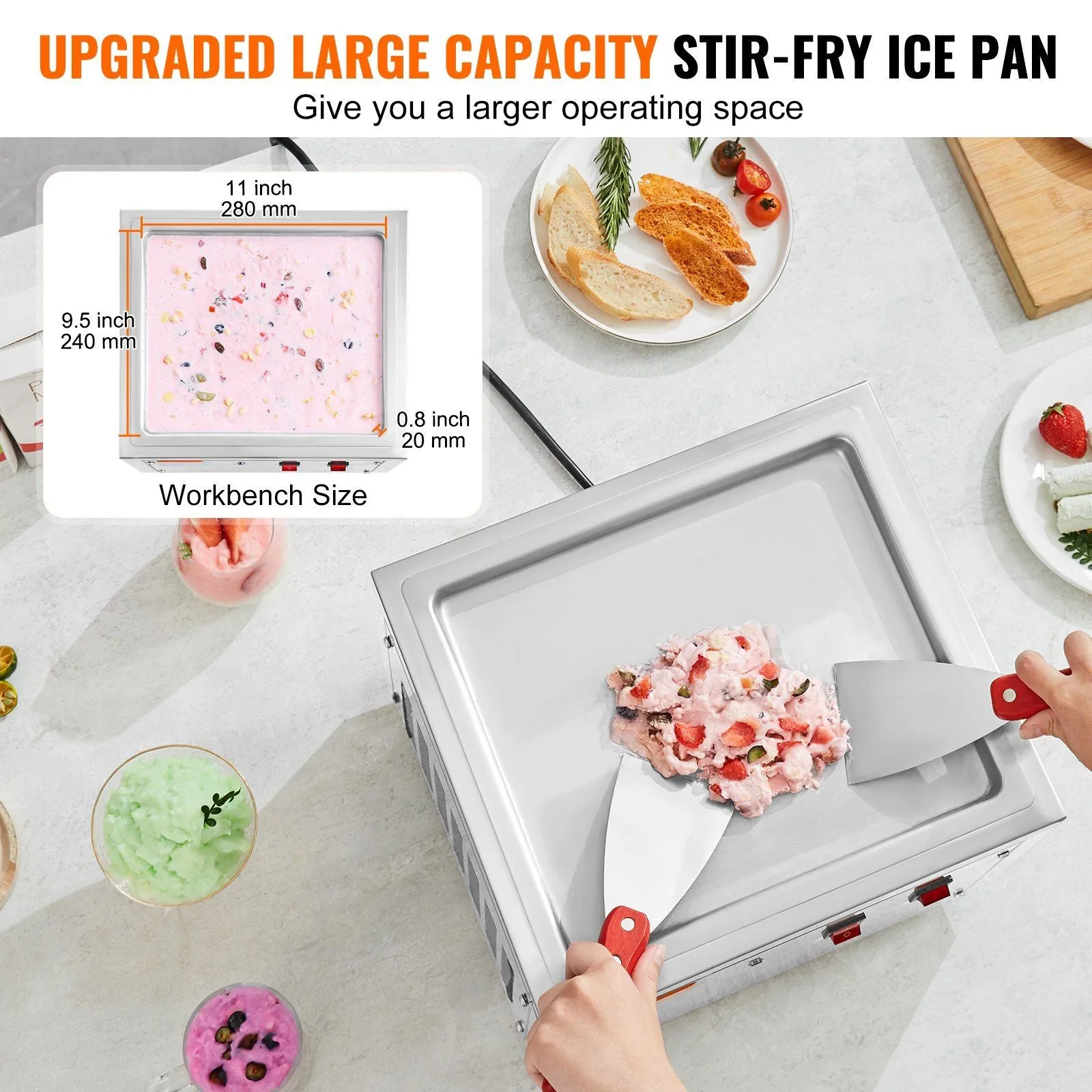 VEVOR Fried Ice Cream Roll Machine, 11" x 9.5" Stir-Fried Ice Cream Pan, Stainless Steel Rolled Ice Cream Maker with Compressor and 2 Scrapers, for Making Ice Cream, Frozen Yogurt, Ice Cream Rolls