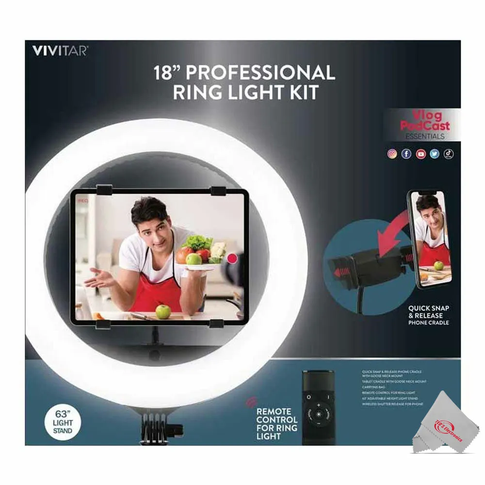 Vivitar 18" Led Ring Light Dimmable Lamp For Iphone Smartphone With 63" Light Stand