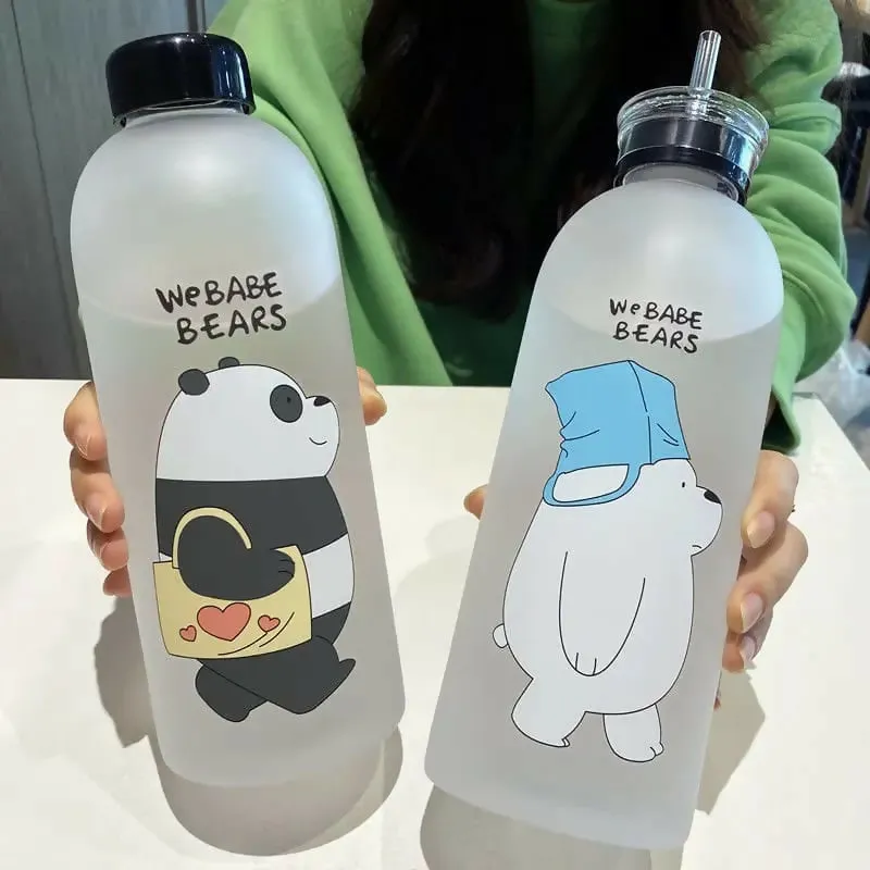 'We Bare Bears' Plastic Water Bottle with Straw(5463)-White Bear